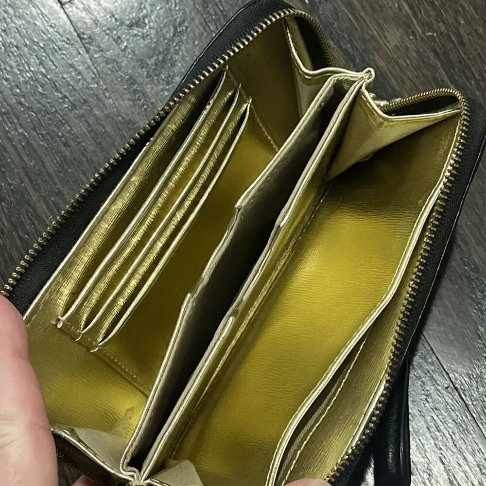 Fossil Sydney Wallet Wristlet Black Metallic Gold Leather Accordion‎ Clutch